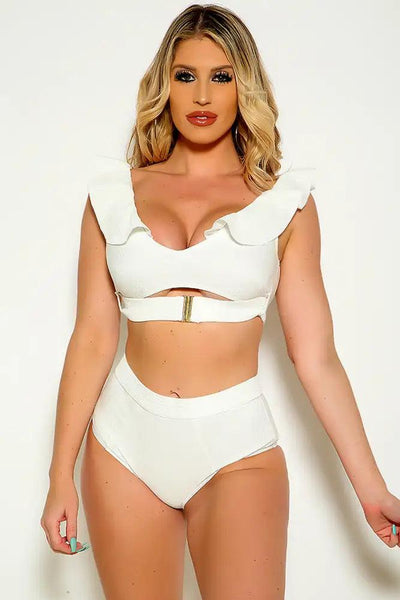 White Ribbed Ruffled High Polish Detail High Waist Two Piece Swimsuit - AMIClubwear