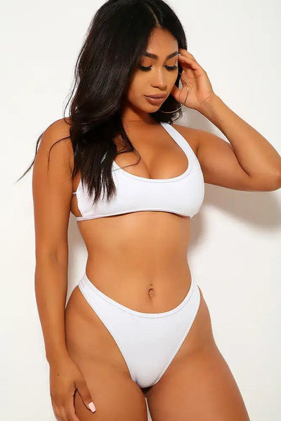 White Ribbed Strappy Cheeky High Waist Two Piece Swimsuit - AMIClubwear