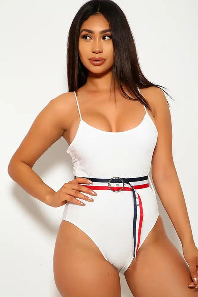 White Ribbed Stripe One Piece Swimsuit - AMIClubwear