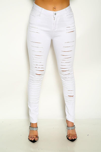 White Ripped Zipper Up Skinny Jeans - AMIClubwear
