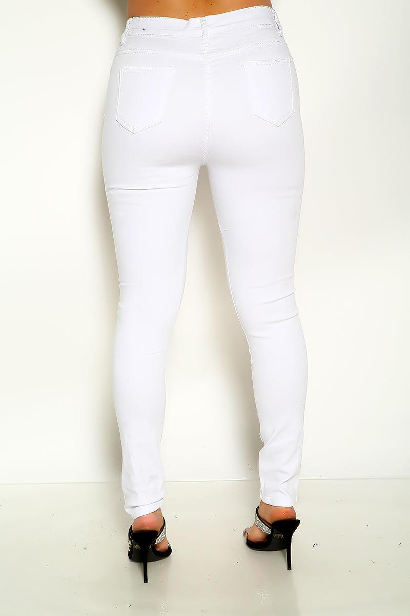 White Ripped Zipper Up Skinny Jeans - AMIClubwear