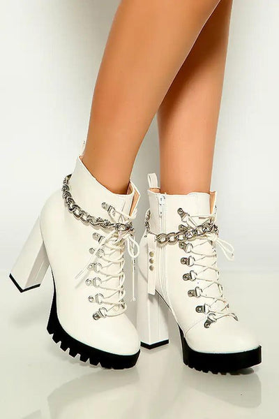 White Round Toe Lace Up Chain Detail Chunky Heel Booties - AMIClubwear