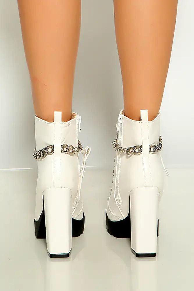 White Round Toe Lace Up Chain Detail Chunky Heel Booties - AMIClubwear