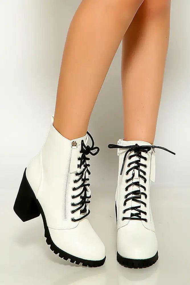 White Round Toe Lace Up Chunky Heel Booties - AMIClubwear