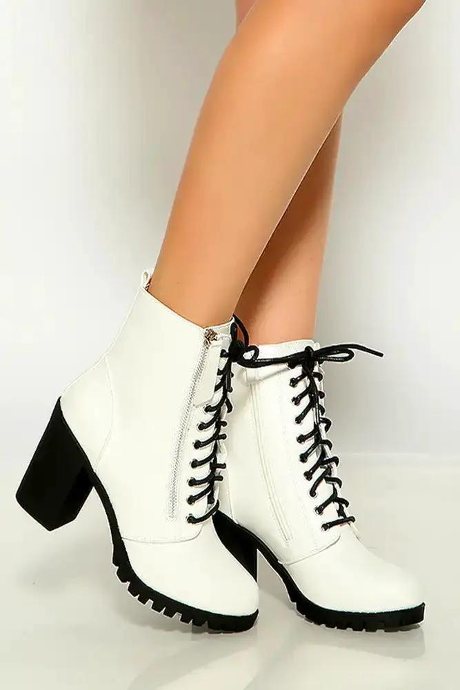 White Round Toe Lace Up Chunky Heel Booties