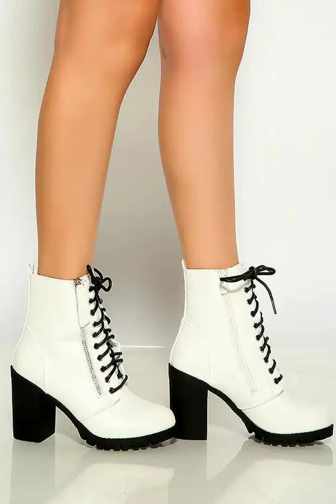 White Round Toe Lace Up Chunky Heel Booties