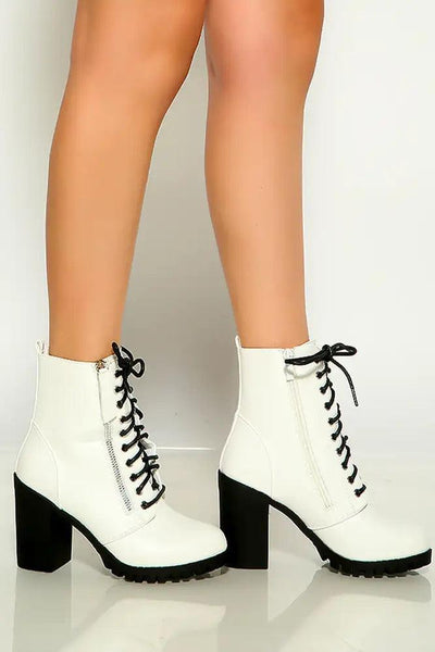 White Round Toe Lace Up Chunky Heel Booties - AMIClubwear