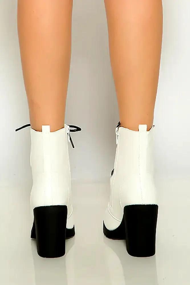 White Round Toe Lace Up Chunky Heel Booties