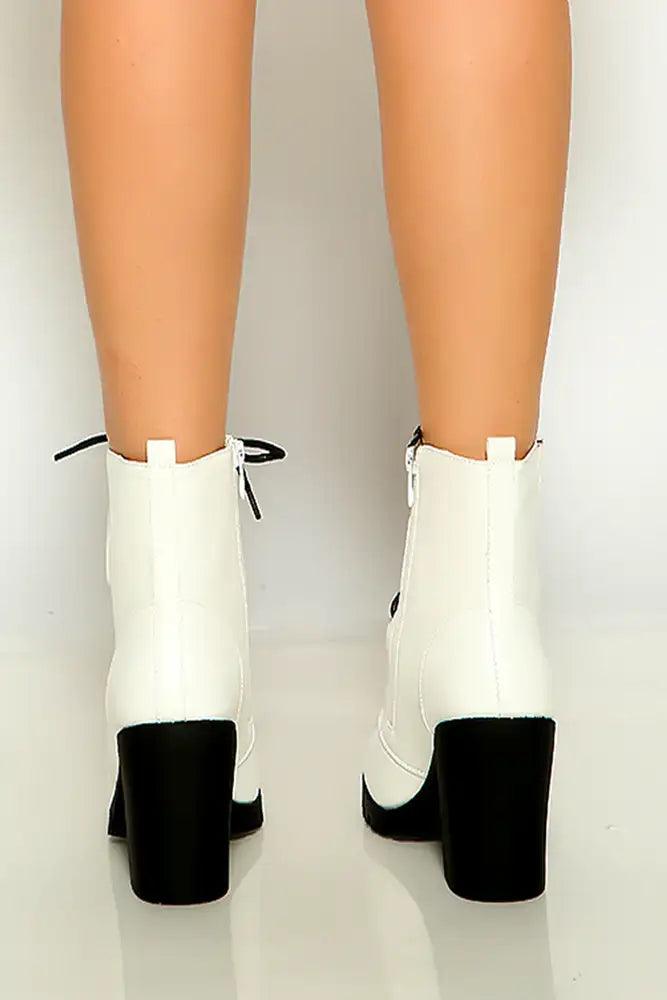 White Round Toe Lace Up Chunky Heel Booties - AMIClubwear