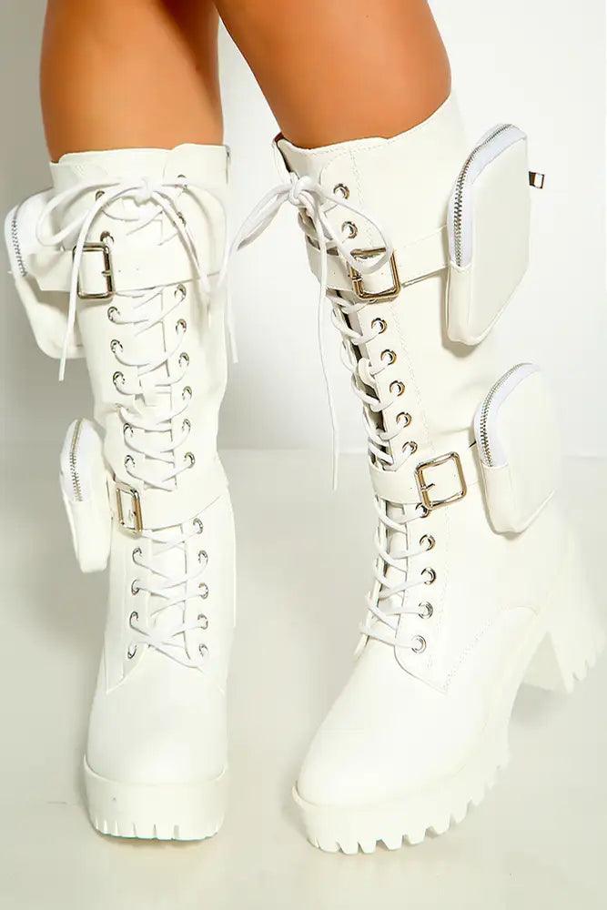 White Round Toe Side Pockets Lace Up Boots - AMIClubwear