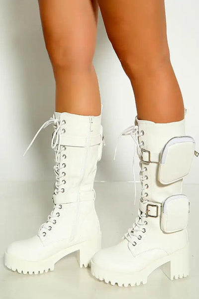 White Round Toe Side Pockets Lace Up Boots - AMIClubwear