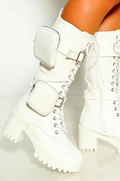 White Round Toe Side Pockets Lace Up Boots - AMIClubwear