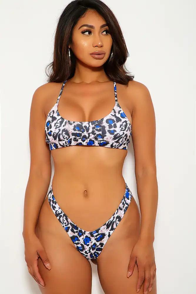 White Royal Blue Leopard Print Two Piece Swimsuit - AMIClubwear