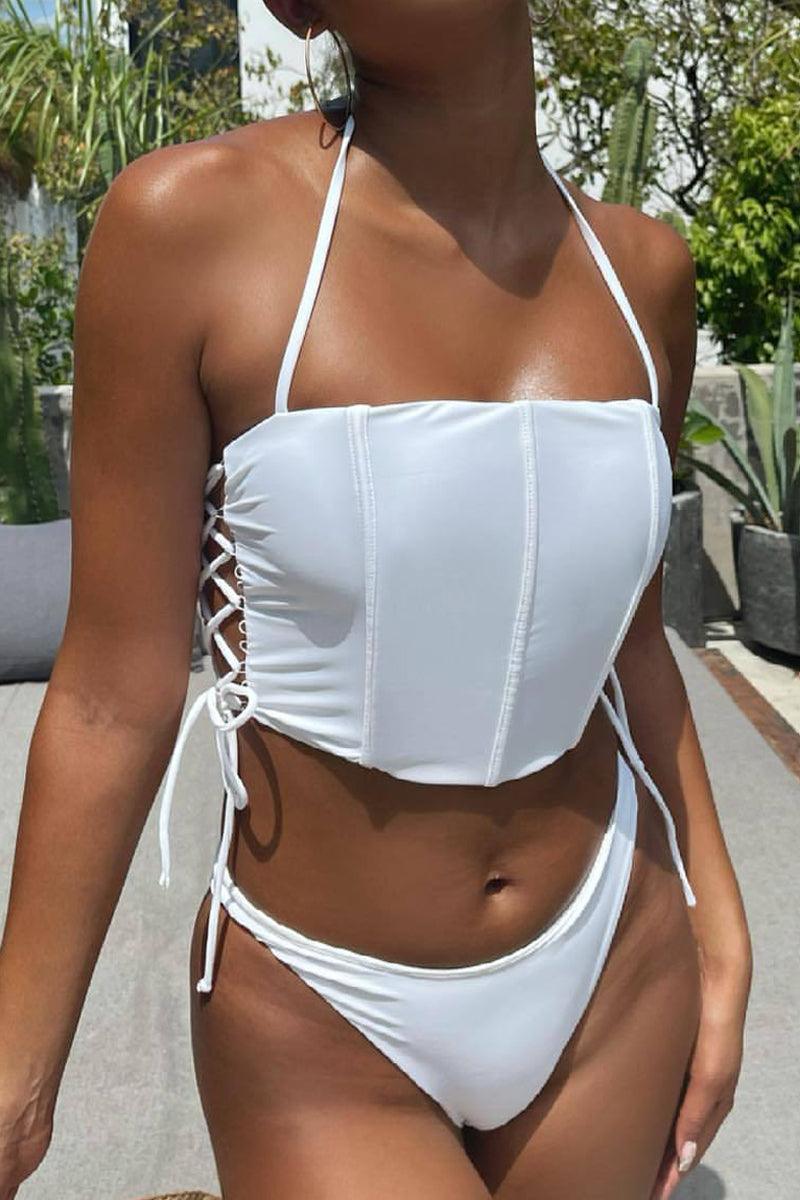 White Ruched Lace Up Sexy Two Piece Swimsuit - AMIClubwear