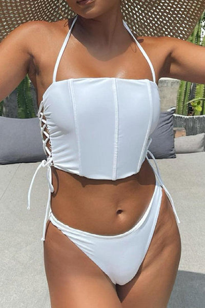 White Ruched Lace Up Sexy Two Piece Swimsuit - AMIClubwear