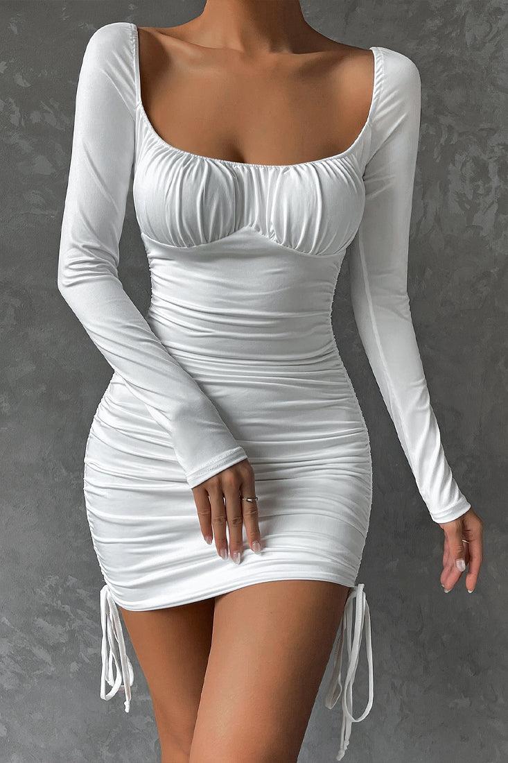 White Ruched Long Sleeve Drawstring Sexy Party Dress - AMIClubwear