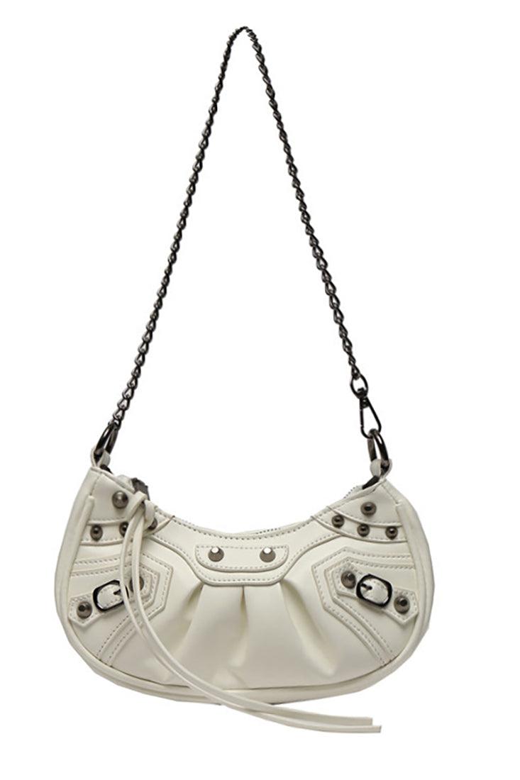 White Ruched Silver Chain Shoulder Handbag - AMIClubwear