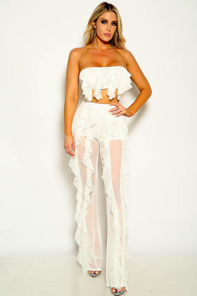 White Ruffled Strapless Sexy Two Piece Outfit - AMIClubwear