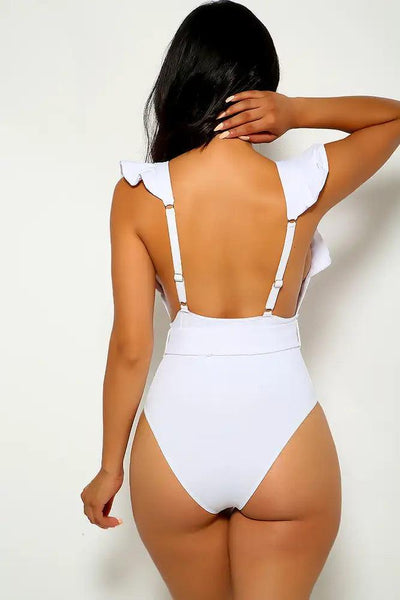 White Ruffled V-Cut One Piece Swimsuit - AMIClubwear