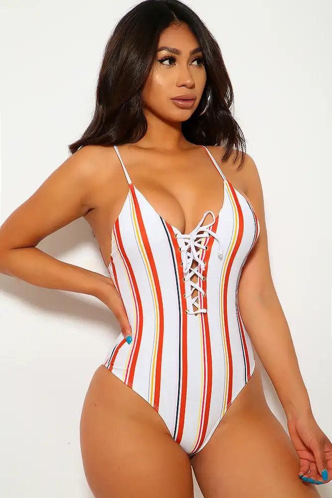 White Rust Striped One Piece Swimsuit - AMIClubwear