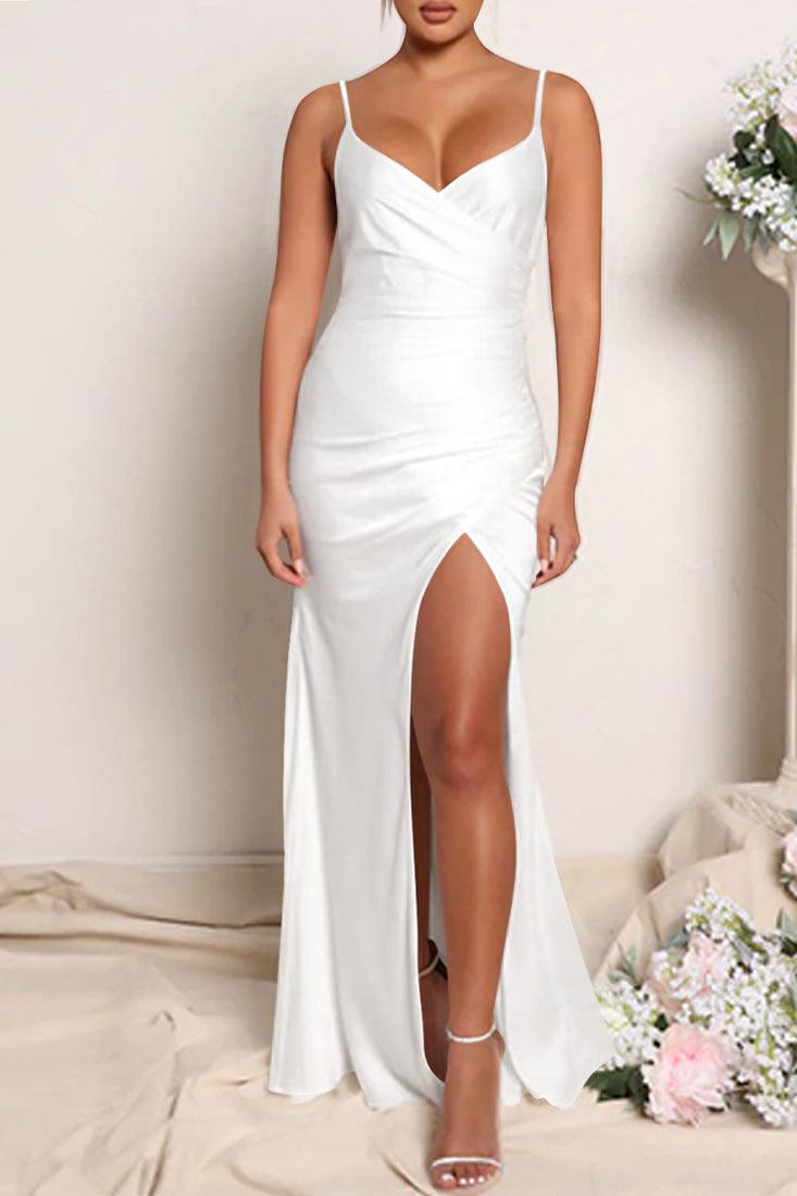 White Satin High Slit Maxi Formal Party Dress - AMIClubwear