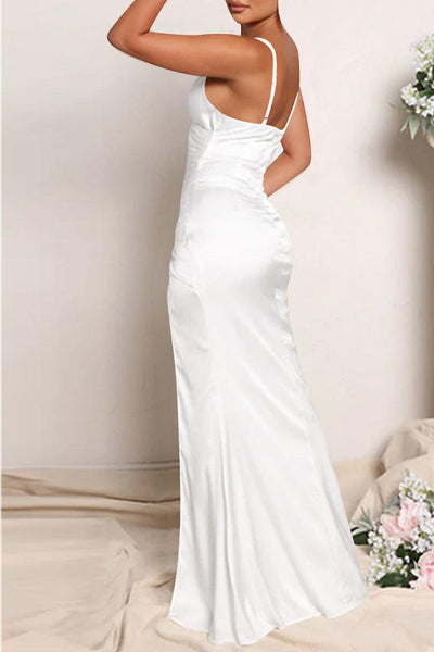 White Satin High Slit Maxi Formal Party Dress - AMIClubwear