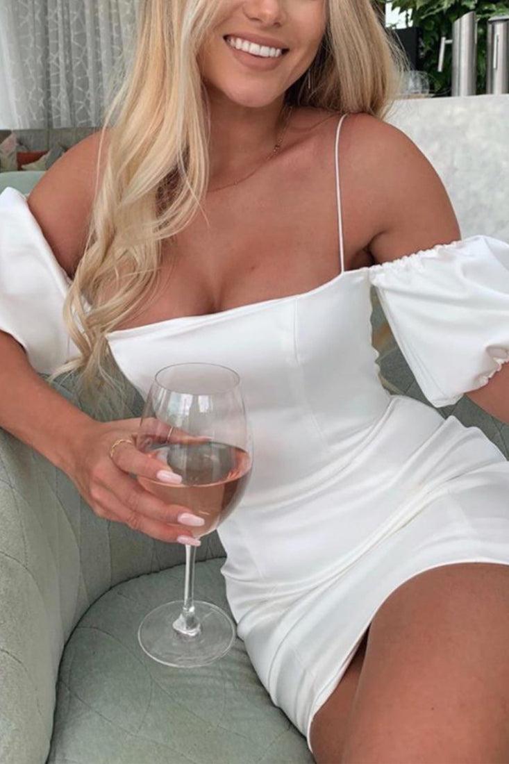 White Satin Short Sleeve Sexy Party Dress - AMIClubwear