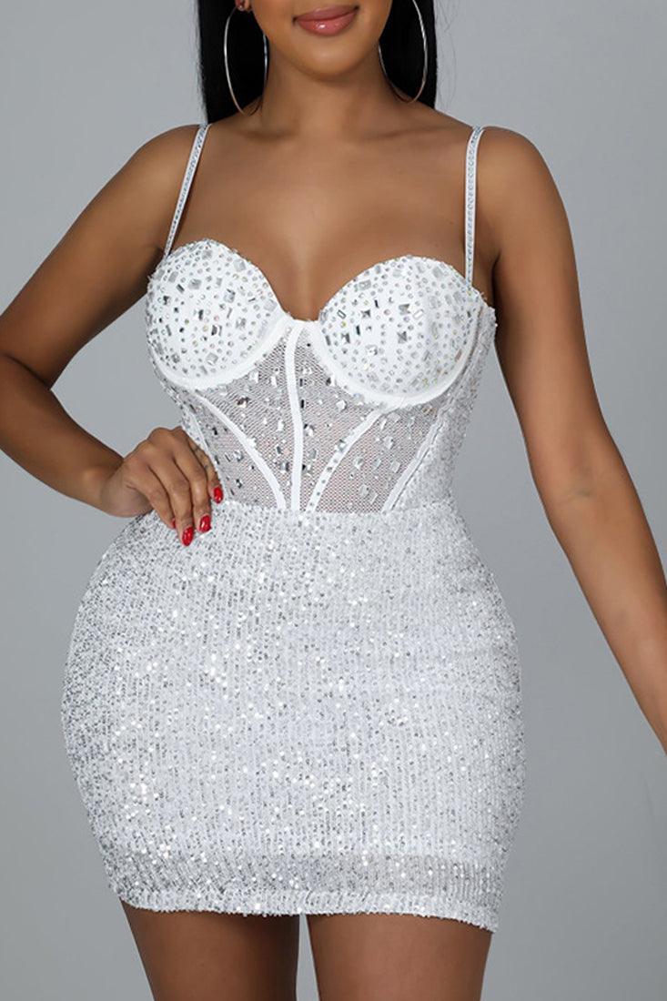 White Sequin Rhinestone Sleeveless Mesh Party Dress - AMIClubwear