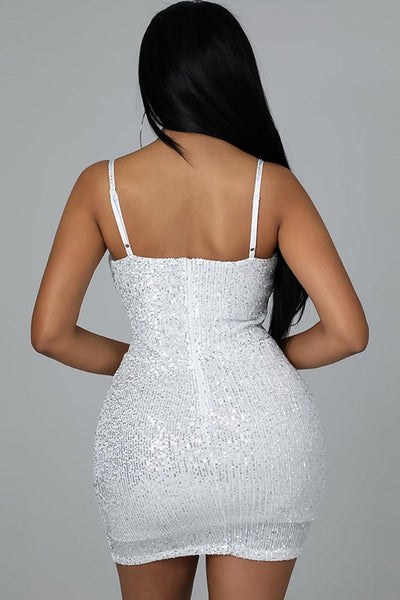 White Sequin Rhinestone Sleeveless Mesh Party Dress - AMIClubwear