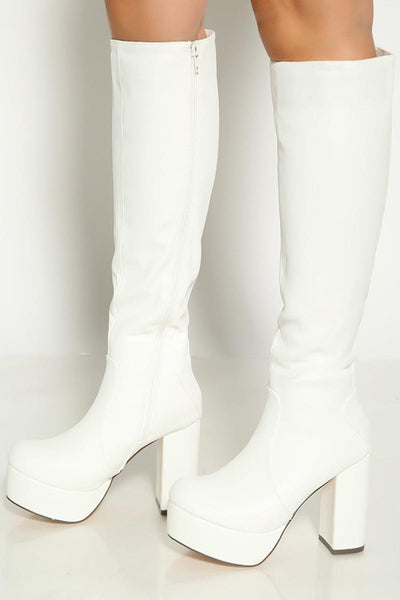 White Sexy Chunky Platform Zip Up Thigh High Boots - AMIClubwear