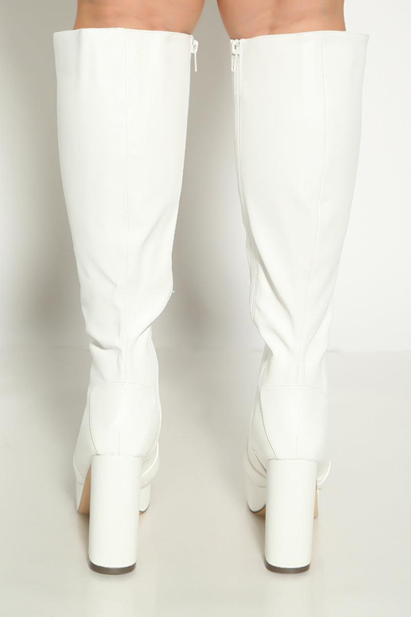 White Sexy Chunky Platform Zip Up Thigh High Boots - AMIClubwear