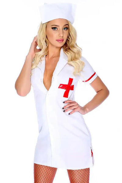 White Sexy Collar Dress Uniform 2pc Nurse Costume - AMIClubwear