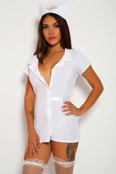 White Sexy Collar Dress Uniform 3pc Rhinestone Nurse Costume - AMIClubwear