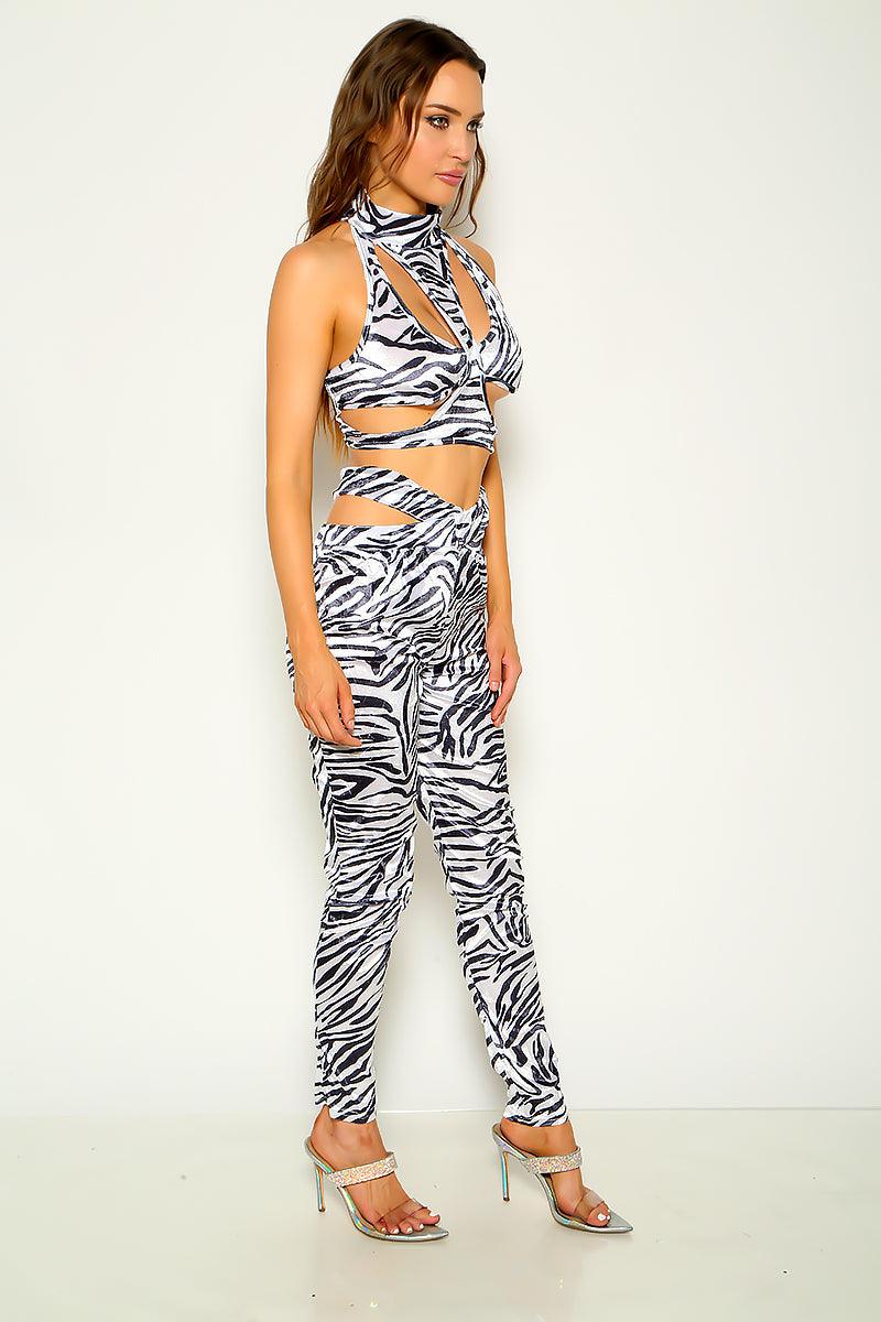 White Sexy Zebra Print Velvet Crop Top & Leggings 2 Pc Outfit - AMIClubwear