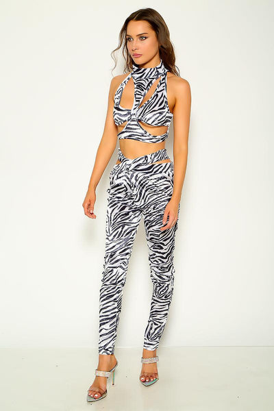White Sexy Zebra Print Velvet Crop Top & Leggings 2 Pc Outfit - AMIClubwear