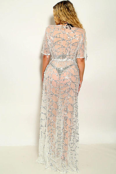 White Sheer Mesh Sequin Maxi Cardigan Coverup - AMIClubwear