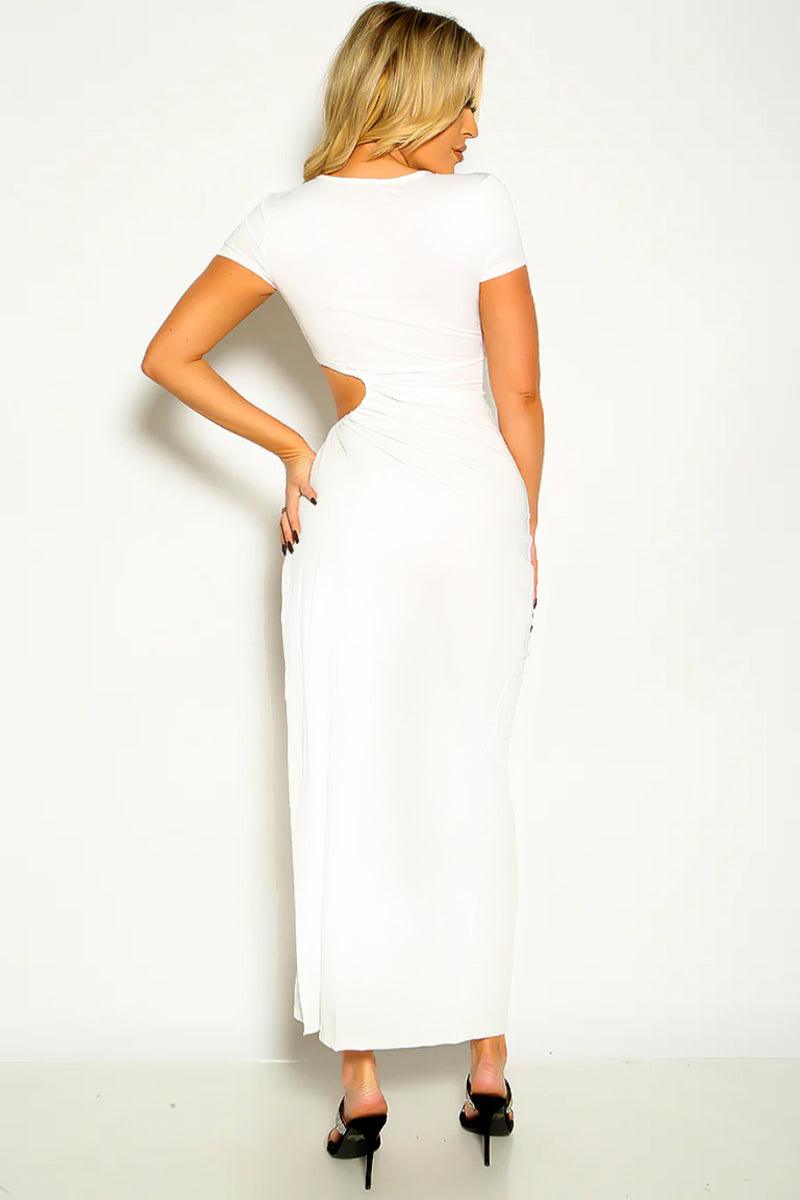 White Short Sleeve Hollow Out Side Tie Sexy Maxi Party Dress - AMIClubwear