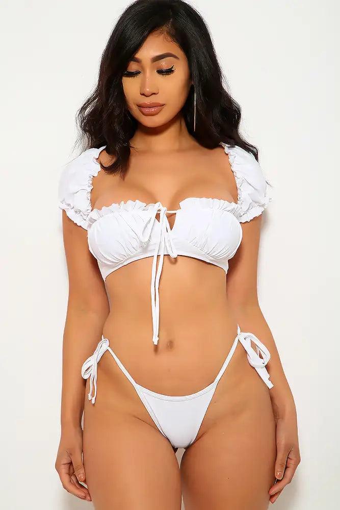 White Short Sleeve Ruffled Two Piece Swimsuit - AMIClubwear