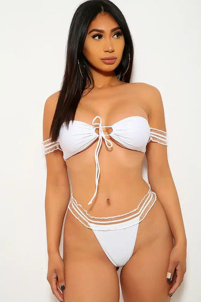 White Short Sleeve Two Piece Swimsuit - AMIClubwear