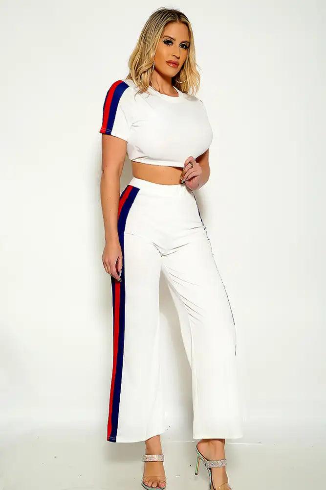 white Short Sleeve Two Tone Cropped Flared two Piece Outfit - AMIClubwear