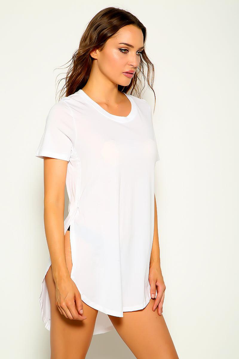 White Side Slit Round Neck Short Sleeve Loose Fit Top - AMIClubwear