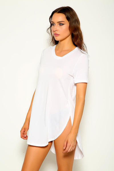 White Side Slit Round Neck Short Sleeve Loose Fit Top - AMIClubwear