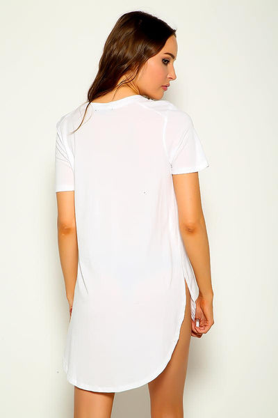 White Side Slit Round Neck Short Sleeve Loose Fit Top - AMIClubwear