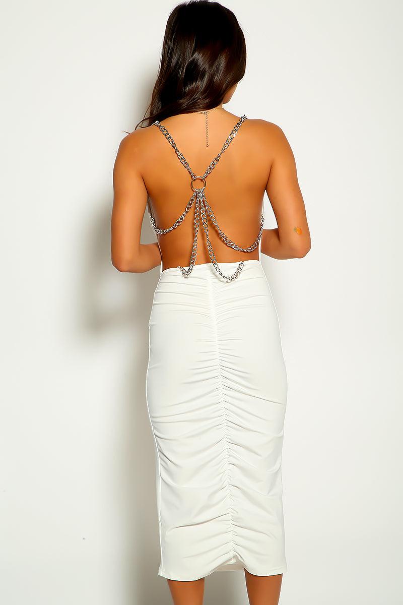 White Silver Chain Straps Sleeveless Maxi Party Dress - AMIClubwear