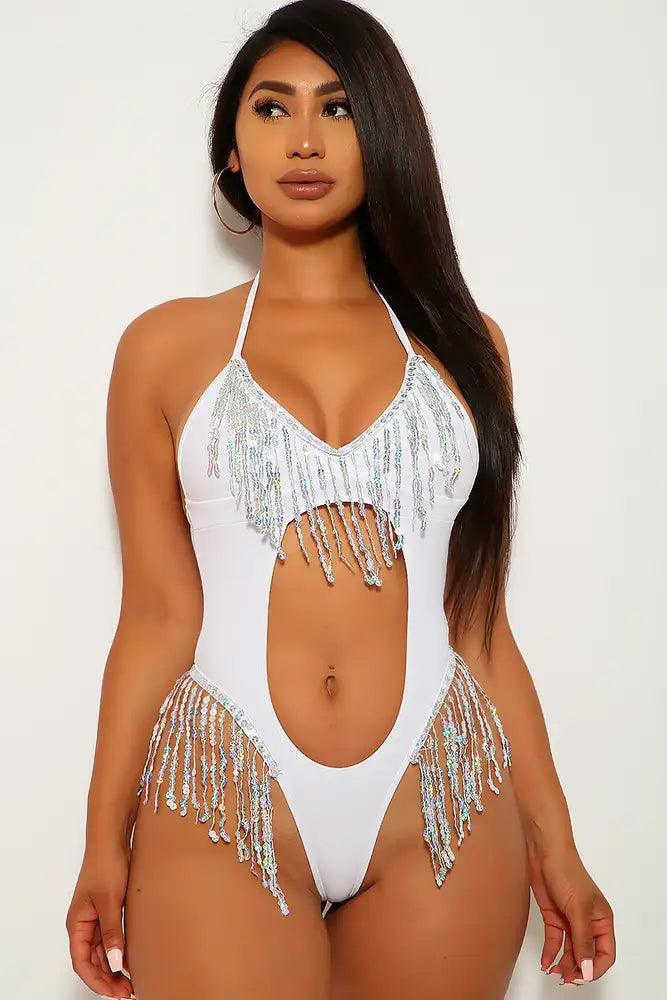 White Silver Fringe Sequins Halter Thong One Piece Swimsuit - AMIClubwear
