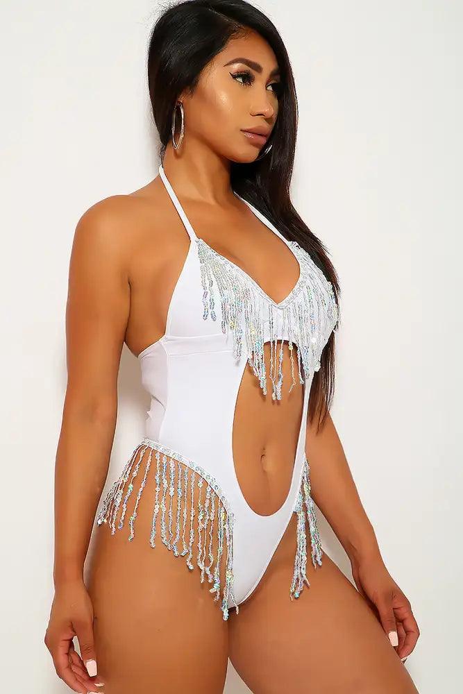 White Silver Fringe Sequins Halter Thong One Piece Swimsuit - AMIClubwear