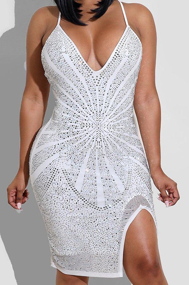 White Silver Rhinestone Design Side Slit Sexy Party Dress - AMIClubwear