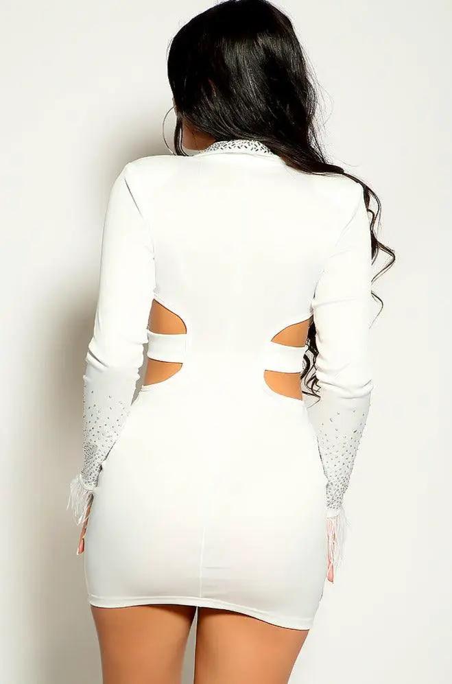 White Silver Rhinestone Feather Cut Out Party Dress x5510
