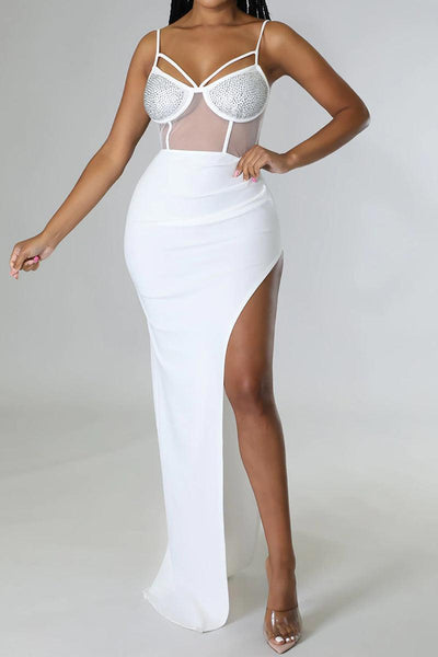 White Silver Rhinestone Mesh Thigh High Slit Sexy Maxi Party Dress - AMIClubwear
