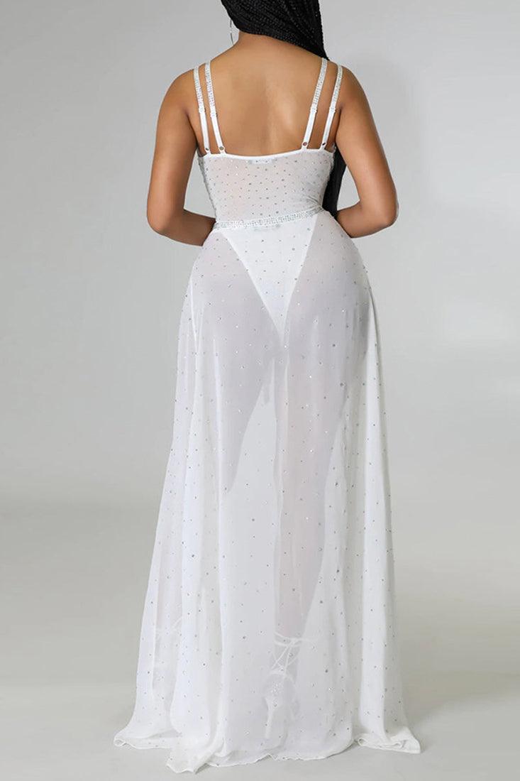White Silver Rhinestones Sleeveless Two Piece Party Dress - AMIClubwear